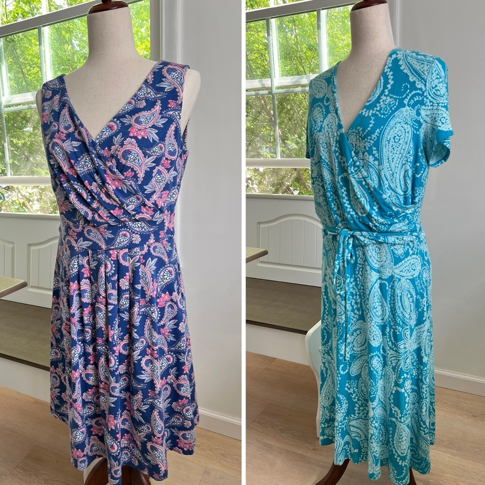 Lands End Bundle (2) Paisley Print Jersey Stretch Midi Dresses Size M 10-12